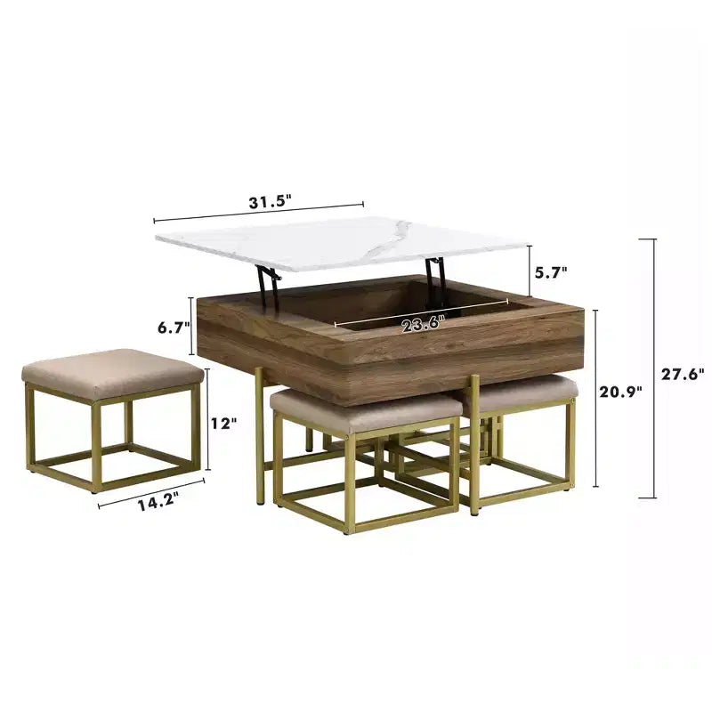 Tavolino quadrato sollevabile con pouf e contenitore, Set tavolino da salotto color oro con sgabelli sottostanti per soggiorno, Bianco e noce