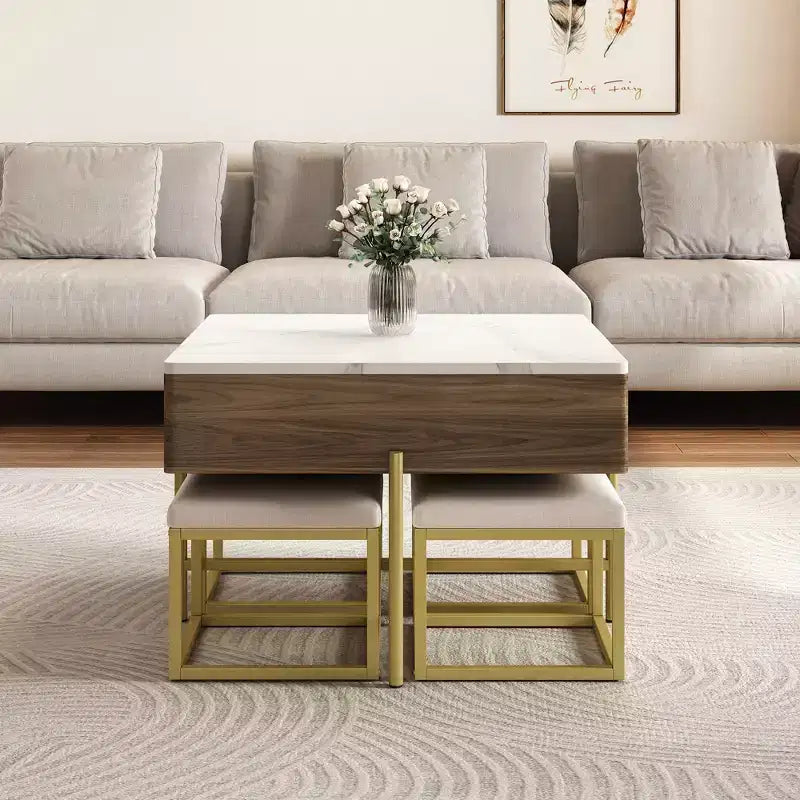 Tavolino quadrato sollevabile con pouf e contenitore, Set tavolino da salotto color oro con sgabelli sottostanti per soggiorno, Bianco e noce