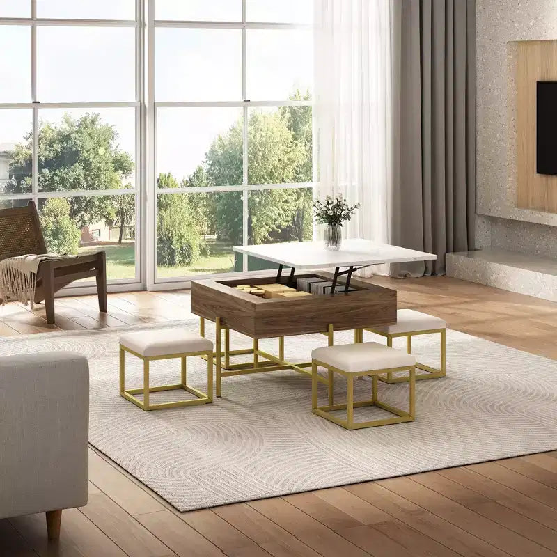 Tavolino quadrato sollevabile con pouf e contenitore, Set tavolino da salotto color oro con sgabelli sottostanti per soggiorno, Bianco e noce