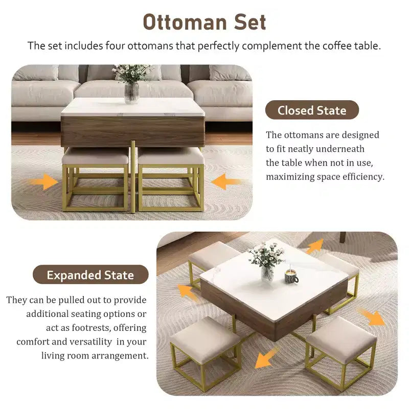 Tavolino quadrato sollevabile con pouf e contenitore, Set tavolino da salotto color oro con sgabelli sottostanti per soggiorno, Bianco e noce