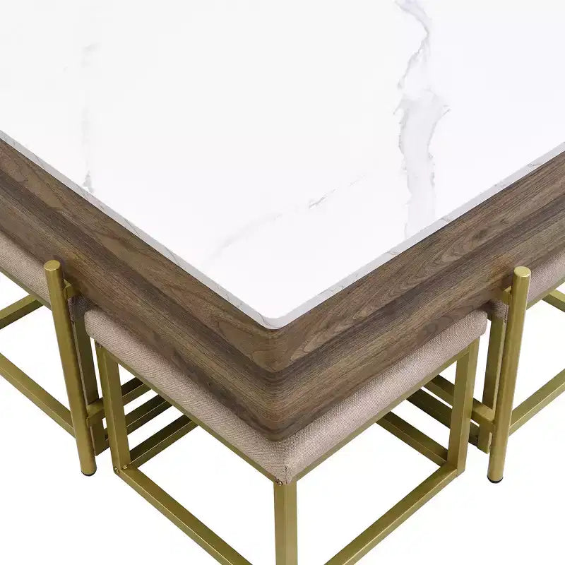 Tavolino quadrato sollevabile con pouf e contenitore, Set tavolino da salotto color oro con sgabelli sottostanti per soggiorno, Bianco e noce