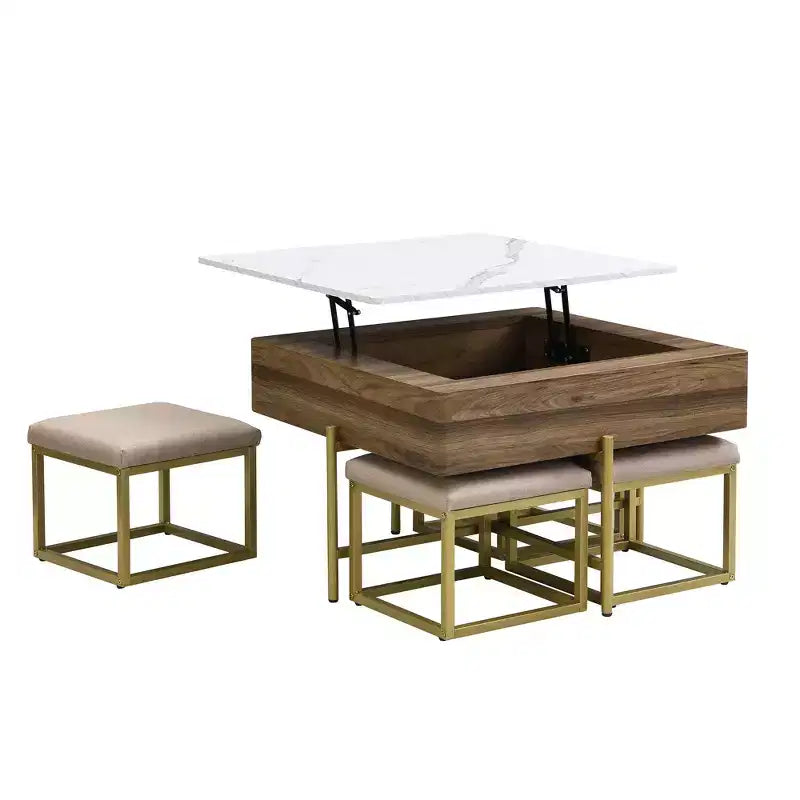 Tavolino quadrato sollevabile con pouf e contenitore, Set tavolino da salotto color oro con sgabelli sottostanti per soggiorno, Bianco e noce