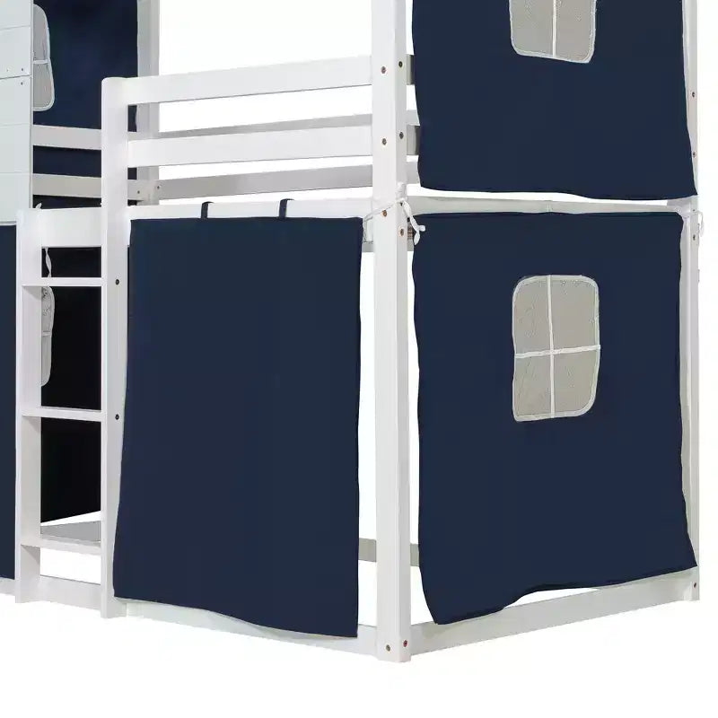 Letto a castello in legno a forma di casetta con tenda, piazza e mezza/matrimoniale, design divertente per bambini - ModernLuxe