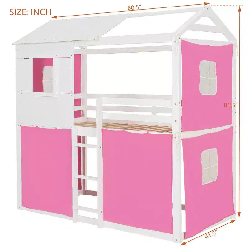 Letto a castello in legno a forma di casetta con tenda, piazza e mezza/matrimoniale, design divertente per bambini - ModernLuxe