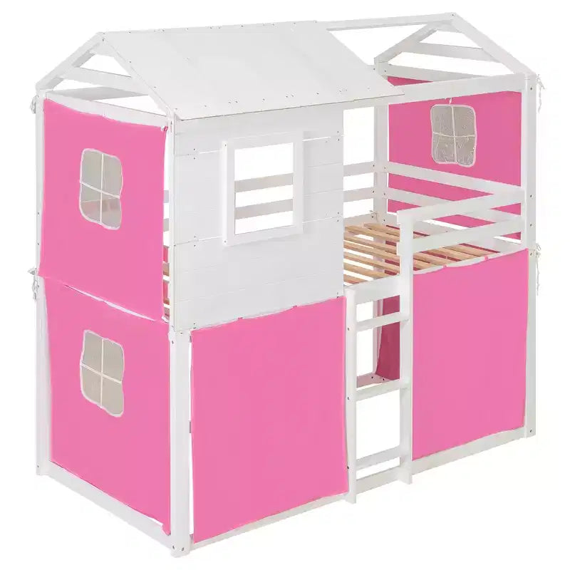 Letto a castello in legno a forma di casetta con tenda, piazza e mezza/matrimoniale, design divertente per bambini - ModernLuxe
