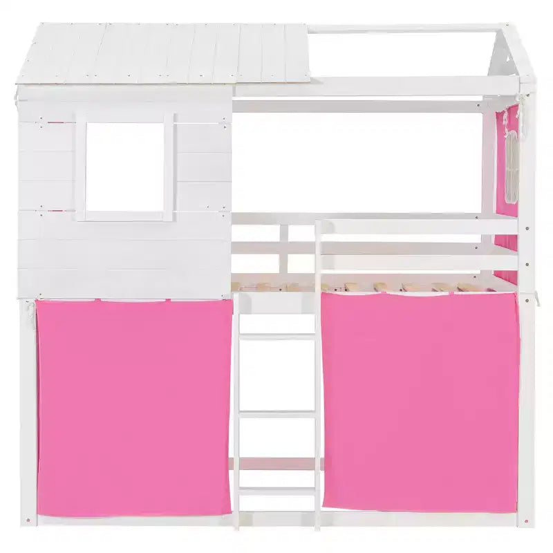 Letto a castello in legno a forma di casetta con tenda, piazza e mezza/matrimoniale, design divertente per bambini - ModernLuxe