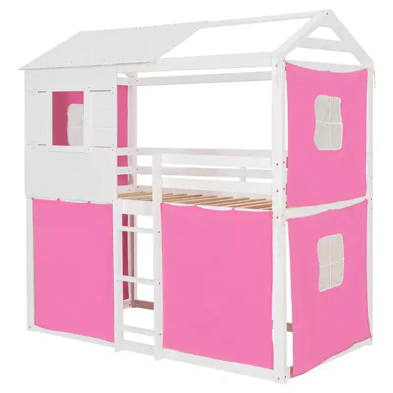 Letto a castello in legno a forma di casetta con tenda, piazza e mezza/matrimoniale, design divertente per bambini - ModernLuxe