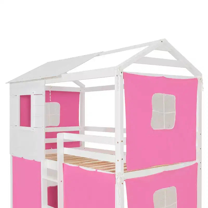 Letto a castello in legno a forma di casetta con tenda, piazza e mezza/matrimoniale, design divertente per bambini - ModernLuxe