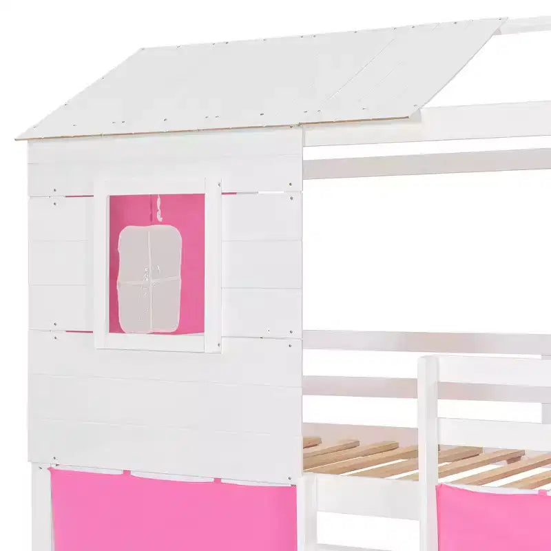 Letto a castello in legno a forma di casetta con tenda, piazza e mezza/matrimoniale, design divertente per bambini - ModernLuxe