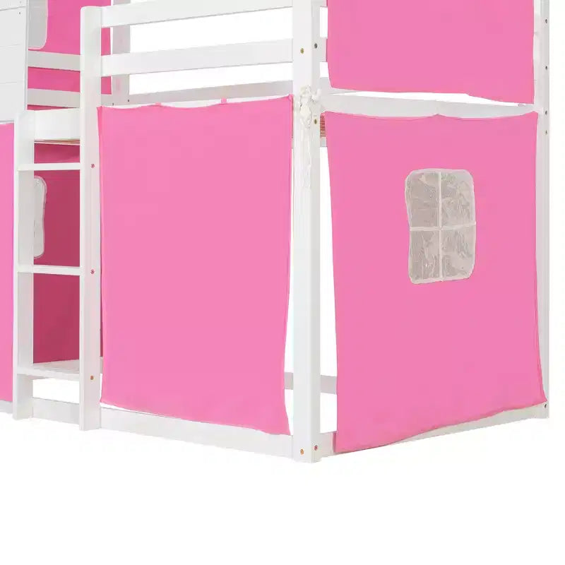 Letto a castello in legno a forma di casetta con tenda, piazza e mezza/matrimoniale, design divertente per bambini - ModernLuxe