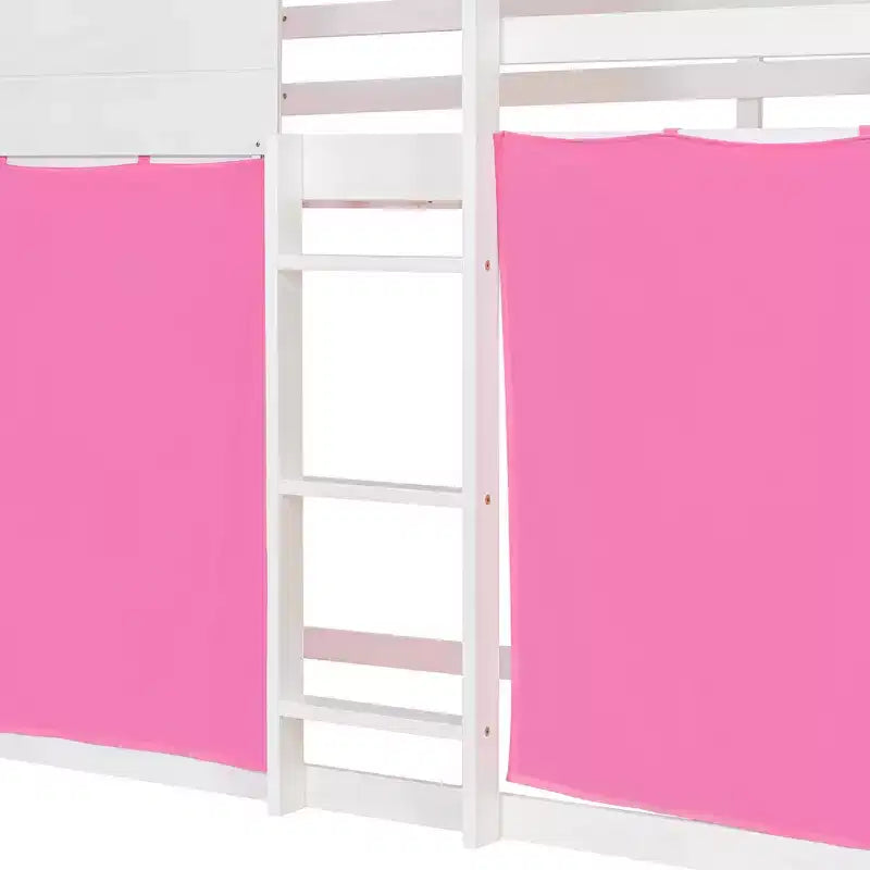 Letto a castello in legno a forma di casetta con tenda, piazza e mezza/matrimoniale, design divertente per bambini - ModernLuxe