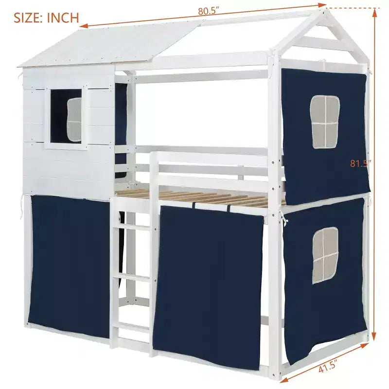 Letto a castello in legno a forma di casetta con tenda, piazza e mezza/matrimoniale, design divertente per bambini - ModernLuxe