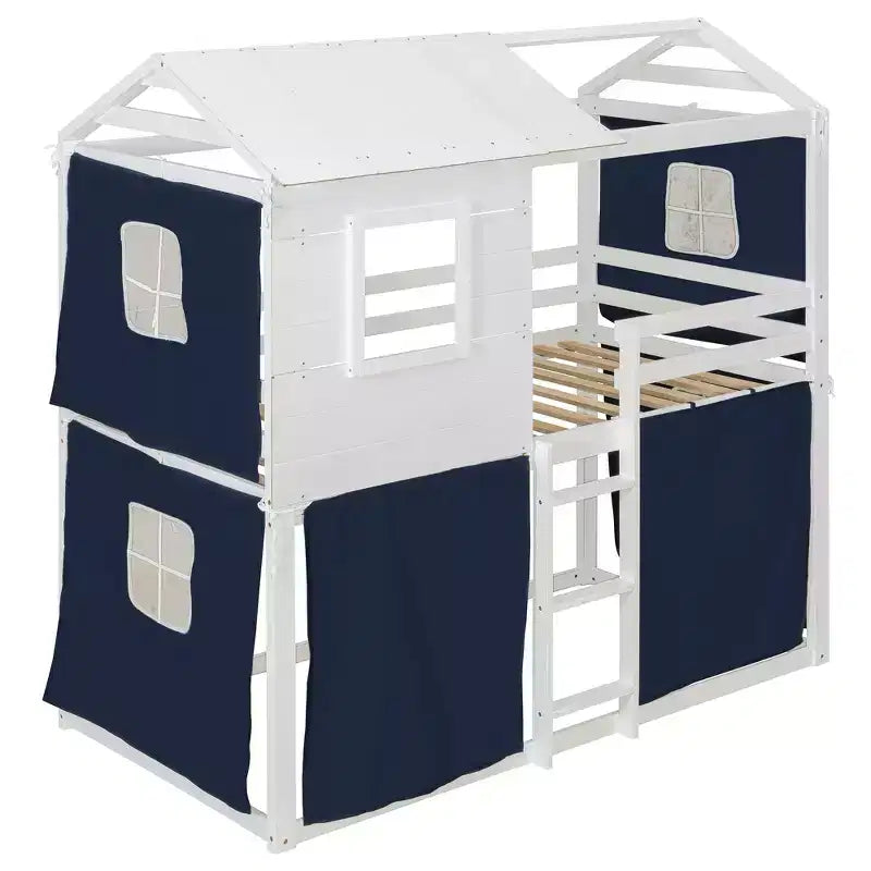 Letto a castello in legno a forma di casetta con tenda, piazza e mezza/matrimoniale, design divertente per bambini - ModernLuxe