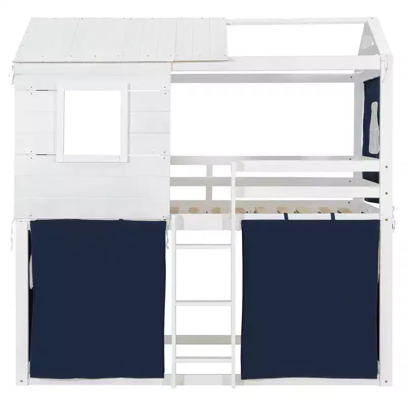Letto a castello in legno a forma di casetta con tenda, piazza e mezza/matrimoniale, design divertente per bambini - ModernLuxe