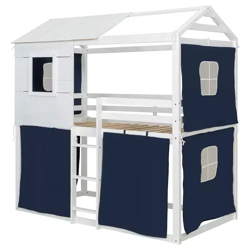 Letto a castello in legno a forma di casetta con tenda, piazza e mezza/matrimoniale, design divertente per bambini - ModernLuxe