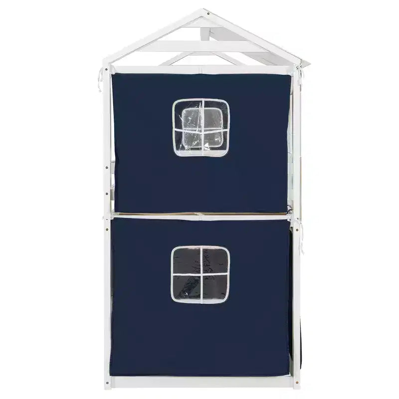 Letto a castello in legno a forma di casetta con tenda, piazza e mezza/matrimoniale, design divertente per bambini - ModernLuxe