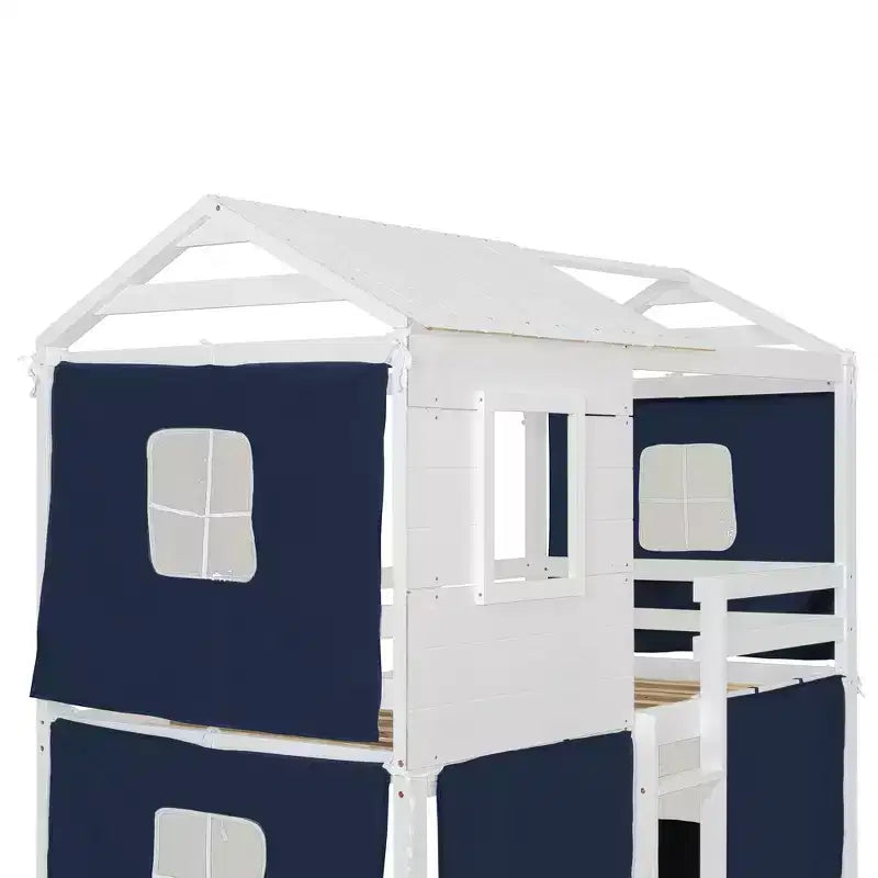 Letto a castello in legno a forma di casetta con tenda, piazza e mezza/matrimoniale, design divertente per bambini - ModernLuxe