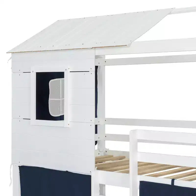 Letto a castello in legno a forma di casetta con tenda, piazza e mezza/matrimoniale, design divertente per bambini - ModernLuxe