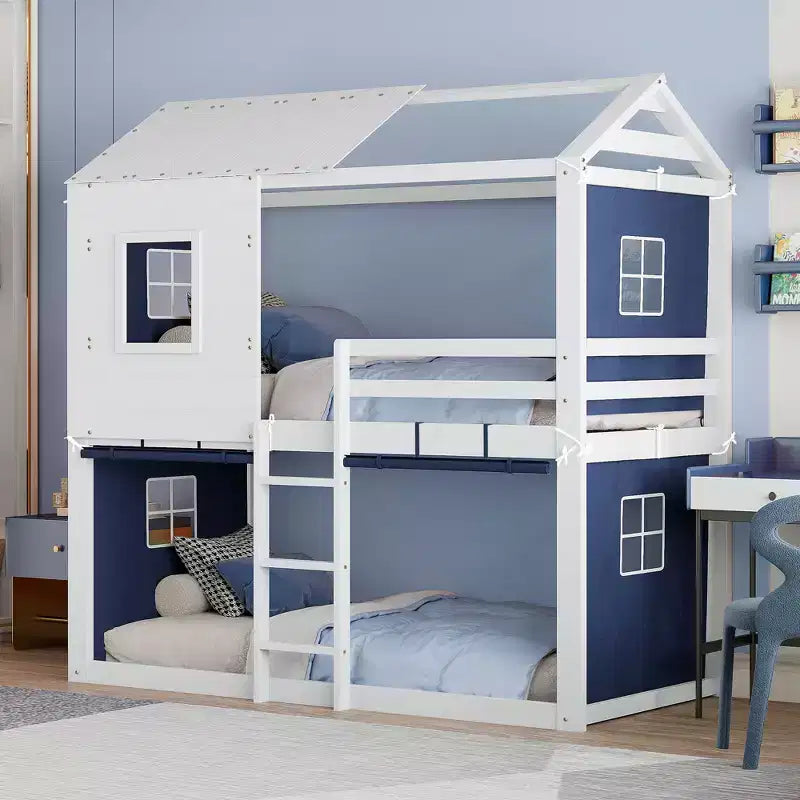 Twin/Full Size Bunk Wood House Bed with Tent, Fun Playhouse Design for Kids - ModernLuxe