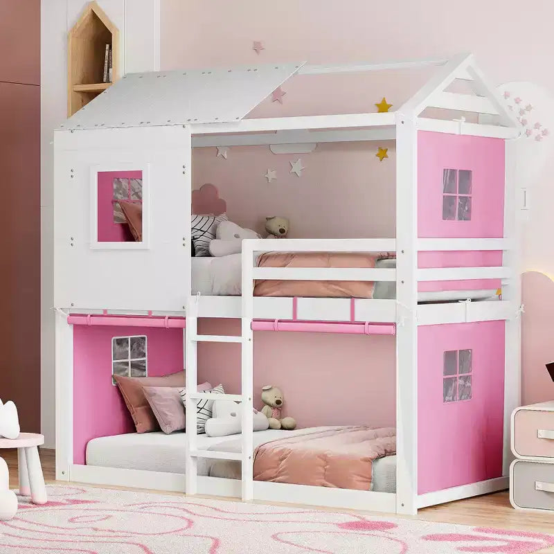 Letto a castello in legno a forma di casetta con tenda, piazza e mezza/matrimoniale, design divertente per bambini - ModernLuxe
