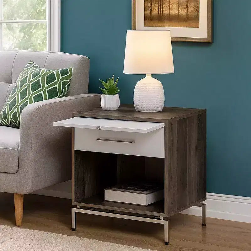 Royal Hampton Accent Table with Open Storage and Pull Out Tray, Brown and White