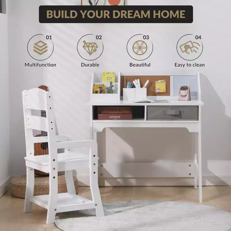 Scrivania e Sedia per Bambini con Scaffale e Due Portapenne, Adatta come Scrivania Scolastica per Bambini e Tavolo da Studio per Studenti