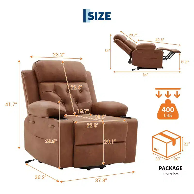 Poltrona reclinabile Power Lift per anziani con riscaldamento lombare, poltrona reclinabile elettrica oversize in pelle PU con tasche laterali, due portabicchieri