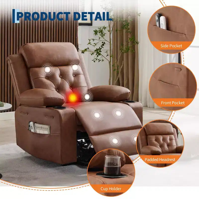 Poltrona reclinabile Power Lift per anziani con riscaldamento lombare, poltrona reclinabile elettrica oversize in pelle PU con tasche laterali, due portabicchieri
