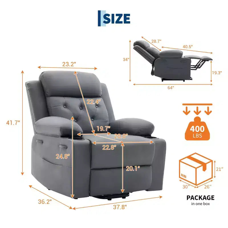 Poltrona reclinabile Power Lift per anziani con riscaldamento lombare, poltrona reclinabile elettrica oversize in pelle PU con tasche laterali, due portabicchieri