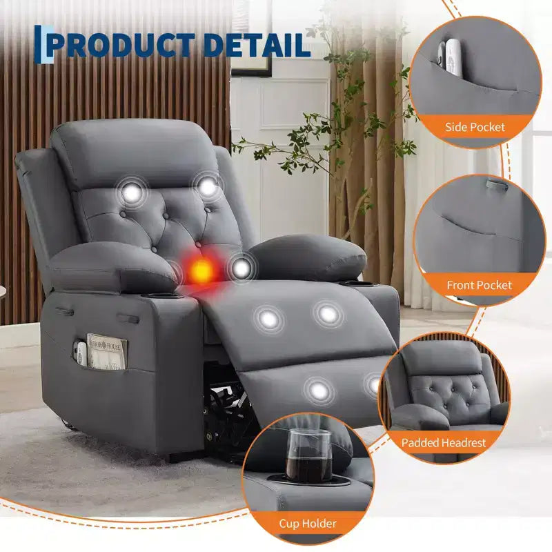 Poltrona reclinabile Power Lift per anziani con riscaldamento lombare, poltrona reclinabile elettrica oversize in pelle PU con tasche laterali, due portabicchieri