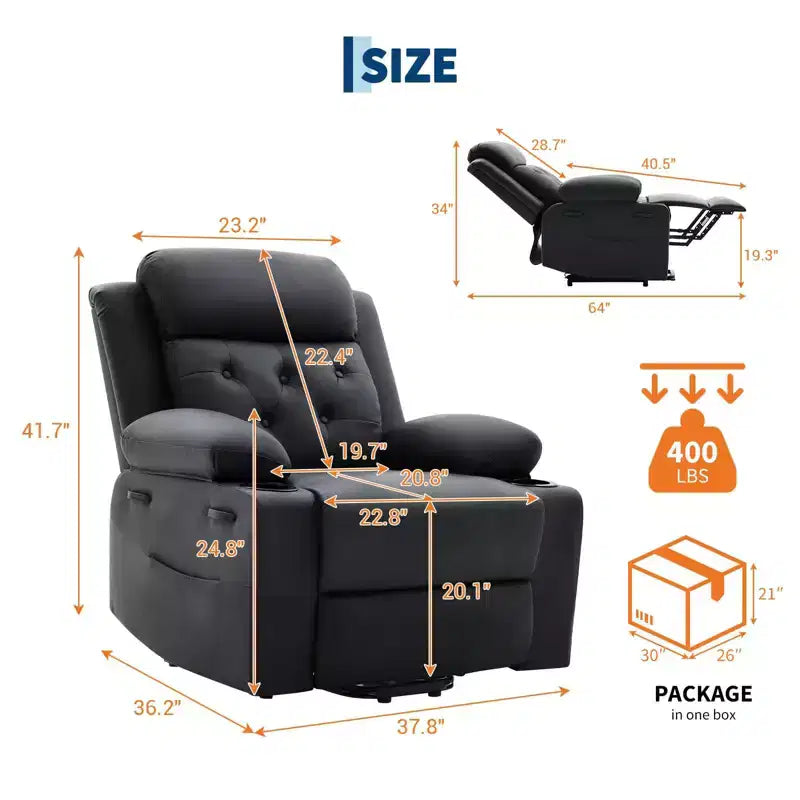 Poltrona reclinabile Power Lift per anziani con riscaldamento lombare, poltrona reclinabile elettrica oversize in pelle PU con tasche laterali, due portabicchieri
