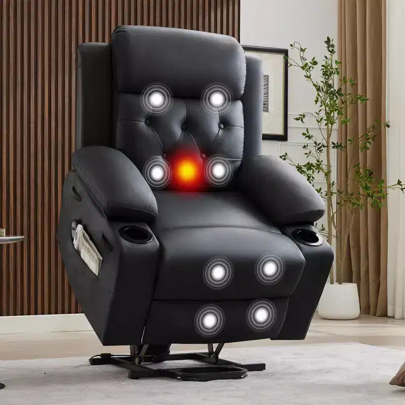 Power Lift Recliner Chair for Elderly with Lumbar Heating, Oversized PU Leather Electric Lift Recliner Single Sofa with Side Pockets, Two Cup Holders