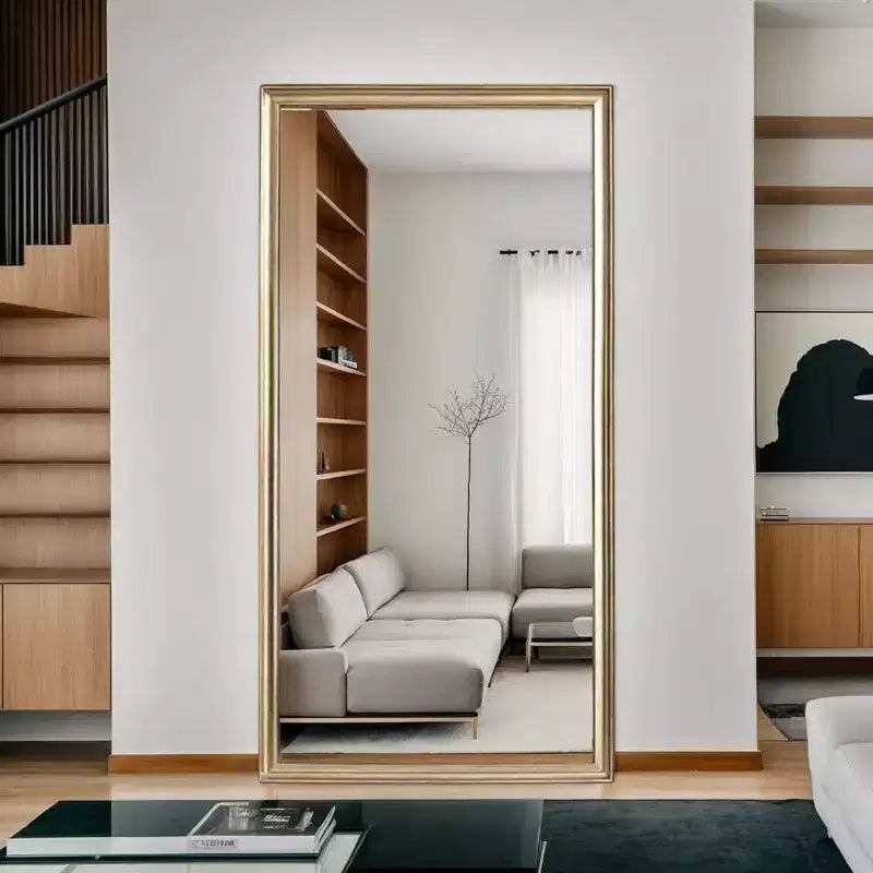 Specchio a figura intera 32 x 70 pollici con cornice in legno artificiale rame e staffa per camera da letto, soggiorno, specchio da pavimento