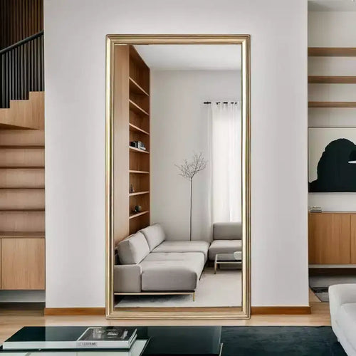 Specchio a figura intera 32 x 70 pollici con cornice in legno artificiale rame e staffa per camera da letto, soggiorno, specchio da pavimento