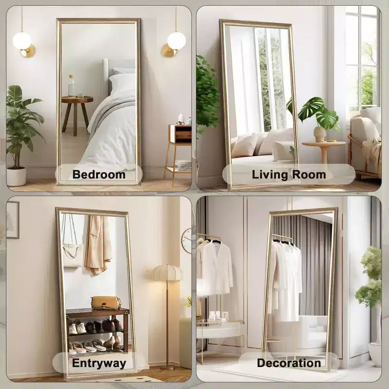Specchio a figura intera 32 x 70 pollici con cornice in legno artificiale rame e staffa per camera da letto, soggiorno, specchio da pavimento