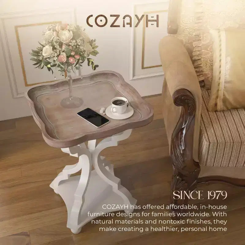 COZAYH Comodino/Tavolino laterale rustico in legno con vassoio quadrato, set di 2