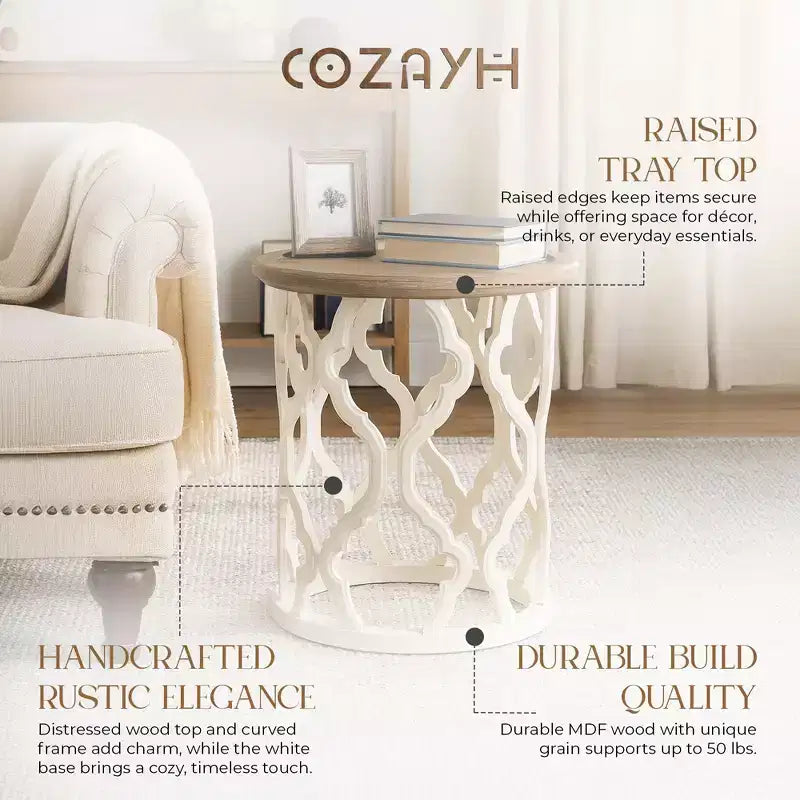 COZAYH Tavolino Rustico Rotondo con Vassoio in Legno e Base Curva, Set da 2