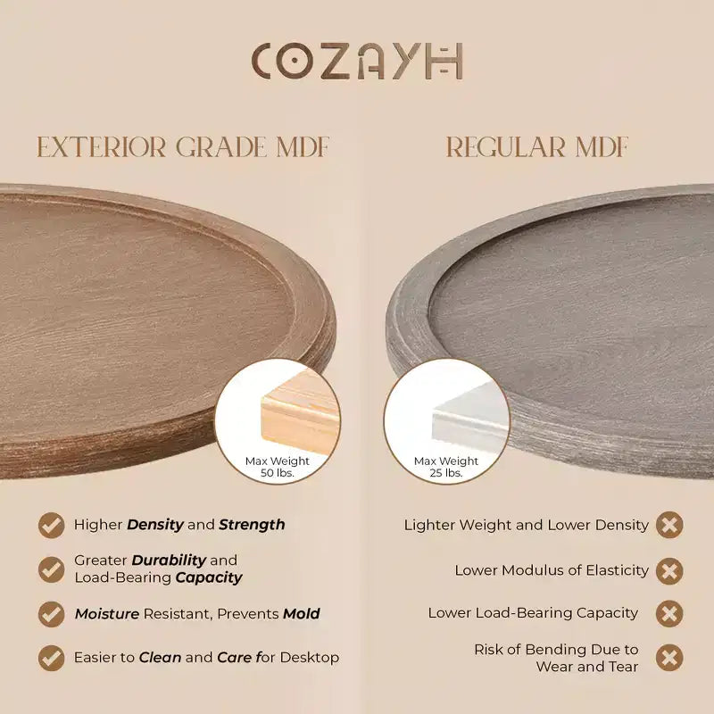 COZAYH Tavolino Rustico Rotondo con Vassoio in Legno e Base Curva, Set da 2