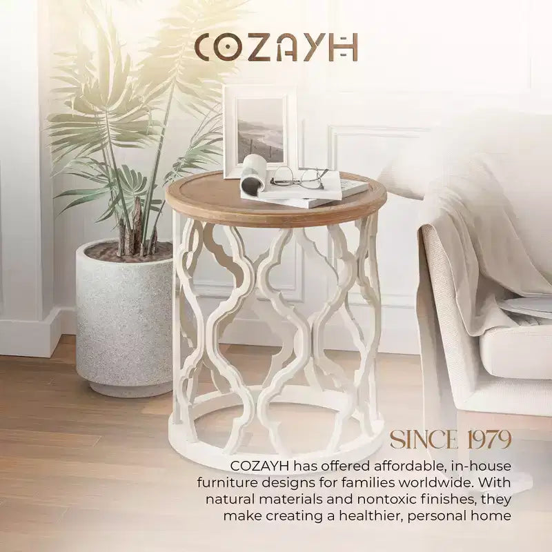 COZAYH Tavolino Rustico Rotondo con Vassoio in Legno e Base Curva, Set da 2