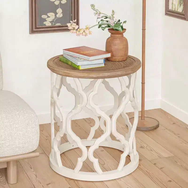 COZAYH Tavolino Rustico Rotondo con Vassoio in Legno e Base Curva, Set da 2