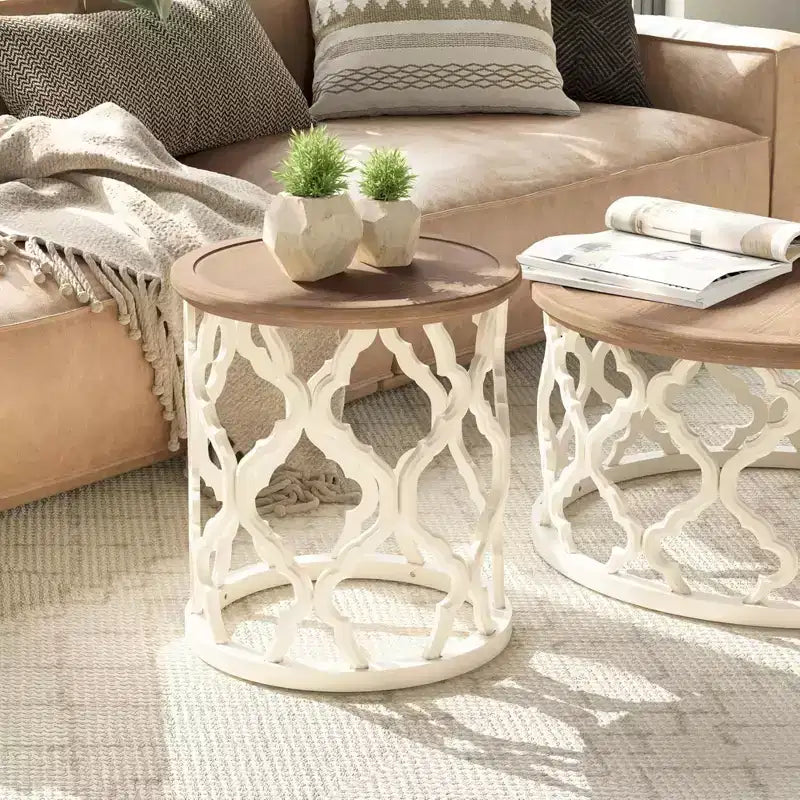 COZAYH Tavolino Rustico Rotondo con Vassoio in Legno e Base Curva, Set da 2