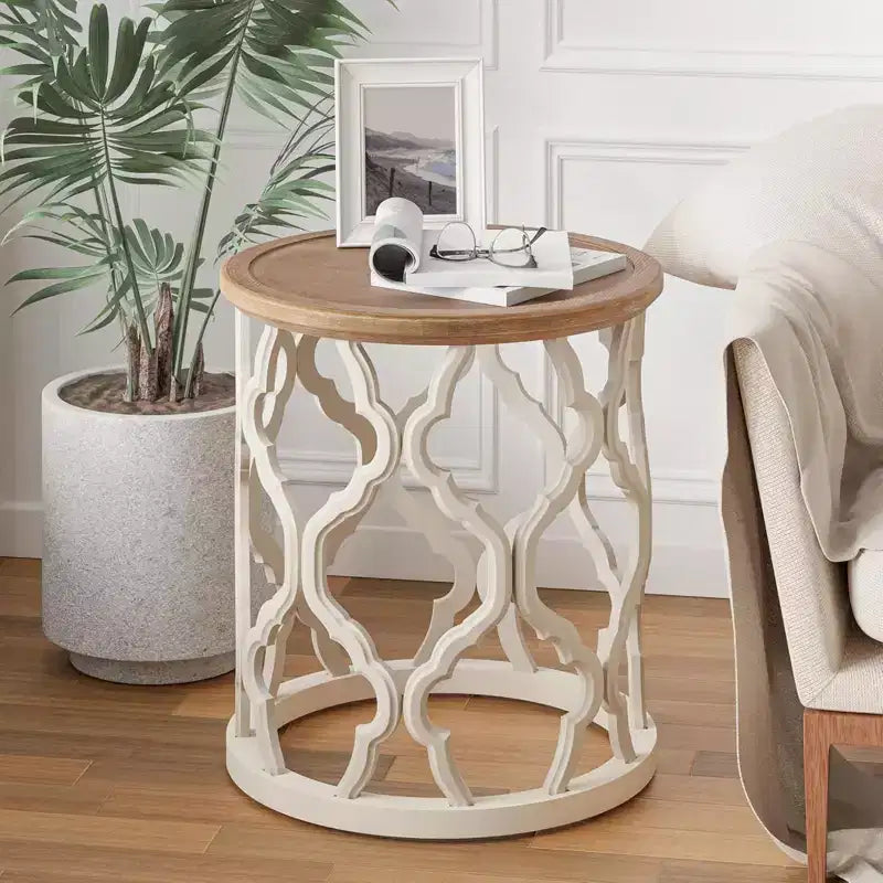 COZAYH Tavolino Rustico Rotondo con Vassoio in Legno e Base Curva, Set da 2