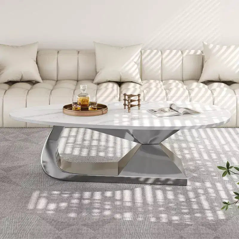 Tavolino moderno in pietra sinterizzata con base scultorea in acciaio inossidabile, tavolino da salotto a forma di ciottolo in finto marmo - Panipeachy