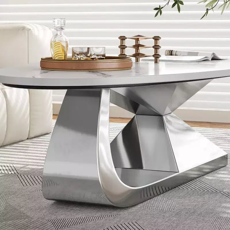 Tavolino moderno in pietra sinterizzata con base scultorea in acciaio inossidabile, tavolino da salotto a forma di ciottolo in finto marmo - Panipeachy