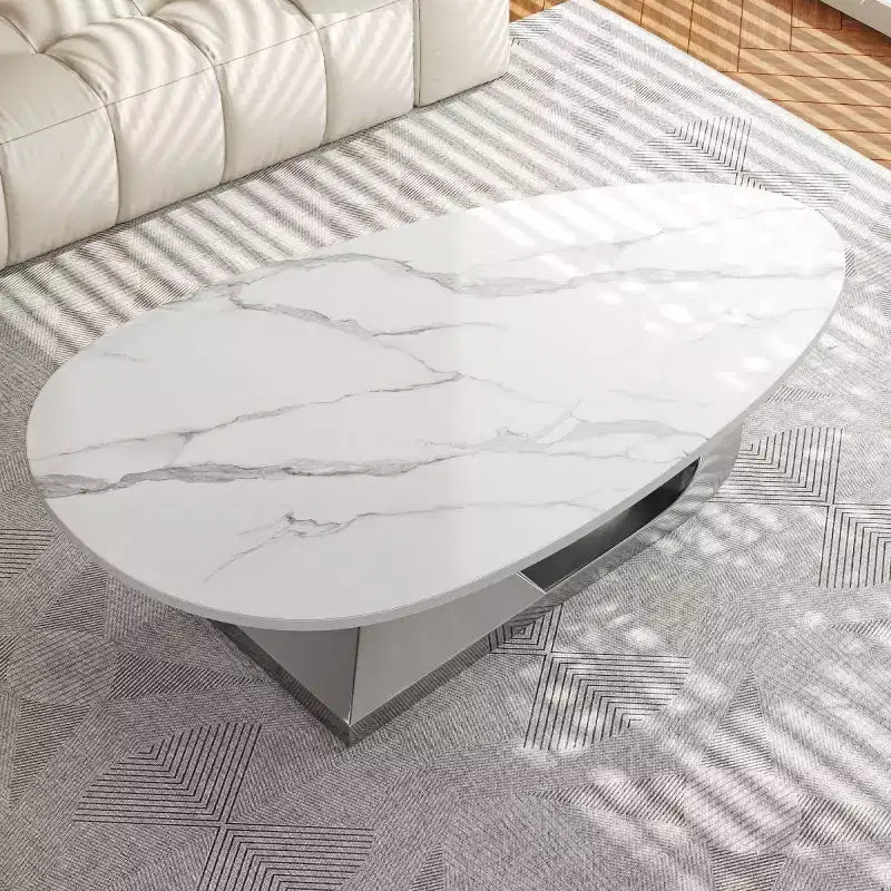 Tavolino moderno in pietra sinterizzata con base scultorea in acciaio inossidabile, tavolino da salotto a forma di ciottolo in finto marmo - Panipeachy