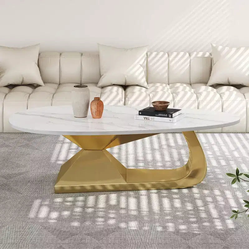 Tavolino moderno in pietra sinterizzata con base scultorea in acciaio inossidabile, tavolino da salotto a forma di ciottolo in finto marmo - Panipeachy