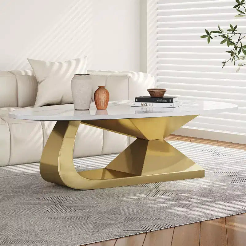 Tavolino moderno in pietra sinterizzata con base scultorea in acciaio inossidabile, tavolino da salotto a forma di ciottolo in finto marmo - Panipeachy