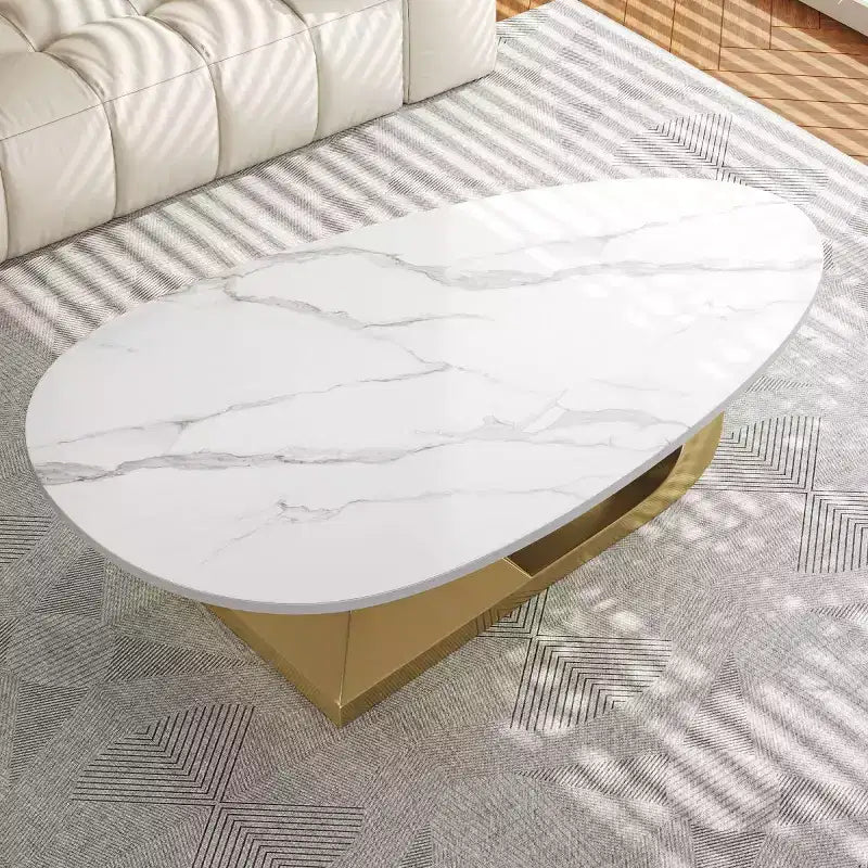 Tavolino moderno in pietra sinterizzata con base scultorea in acciaio inossidabile, tavolino da salotto a forma di ciottolo in finto marmo - Panipeachy