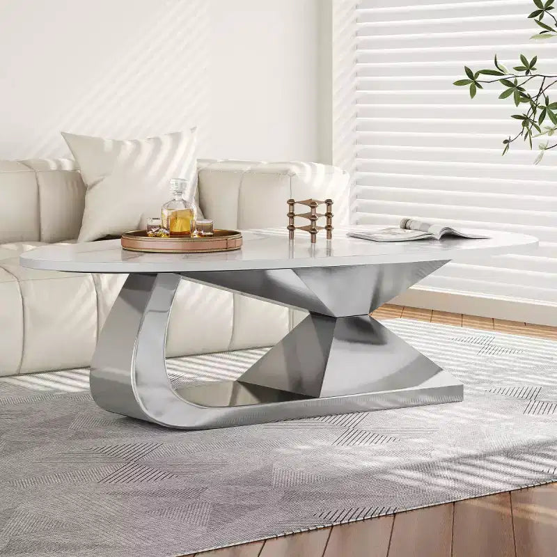 Tavolino moderno in pietra sinterizzata con base scultorea in acciaio inossidabile, tavolino da salotto a forma di ciottolo in finto marmo - Panipeachy