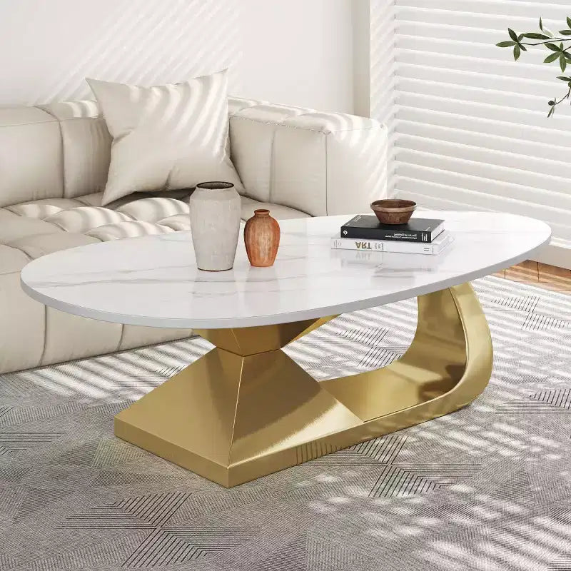 Modern Sintered Stone Coffee Table with Sculptural Stainless Steel Base, Faux Marble Pebble-Shaped Center Table for Living Room - Panipeachy